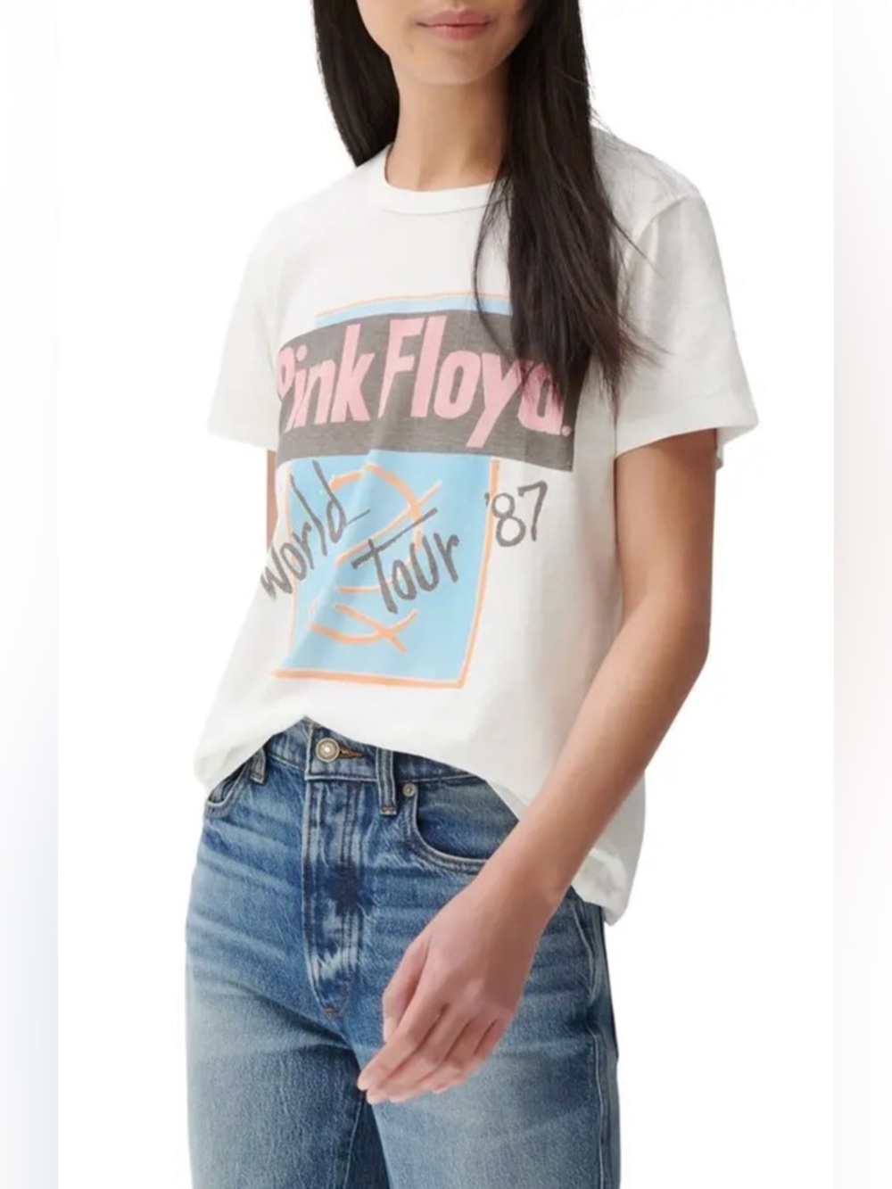 Lucky Brand White Short Sleeve Graphic Tee with Pink and Blue Print